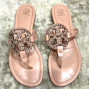 Tory Burch light pink embellished Miller Sandal.